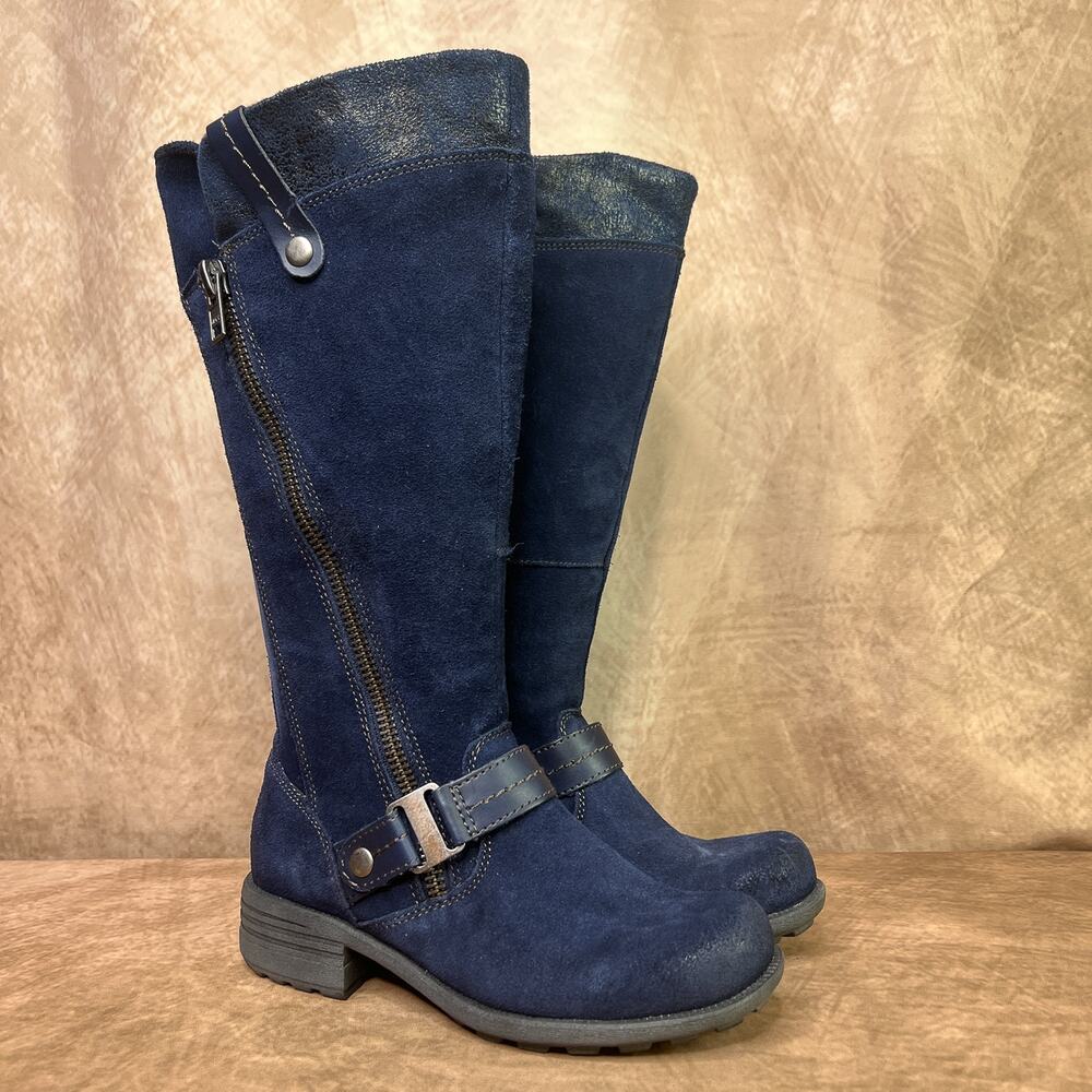 Blue Suede Combat Boots Calf High Zip Up Leather Buckle Earth Origins Portia Y2K